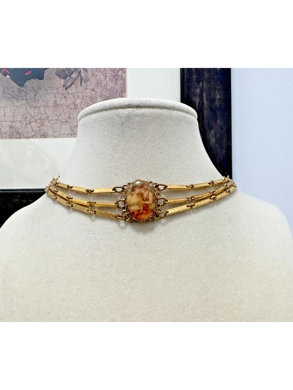 Vtg Victorian Style Gold Tone Multi Strand Cabochon Bar Link Choker Necklace